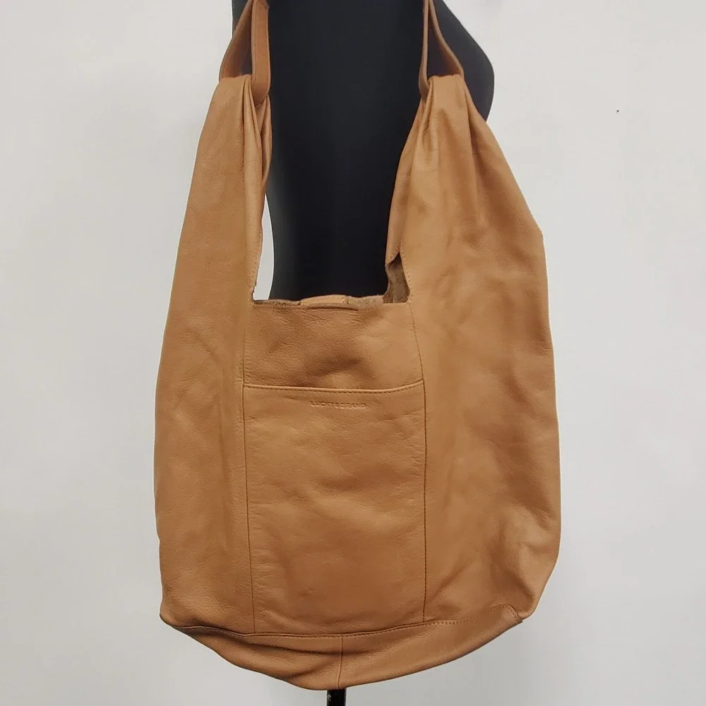 Lucky Brand Womens Large Leather Hobo Shoulder Bag Brown Western Boho Hippie